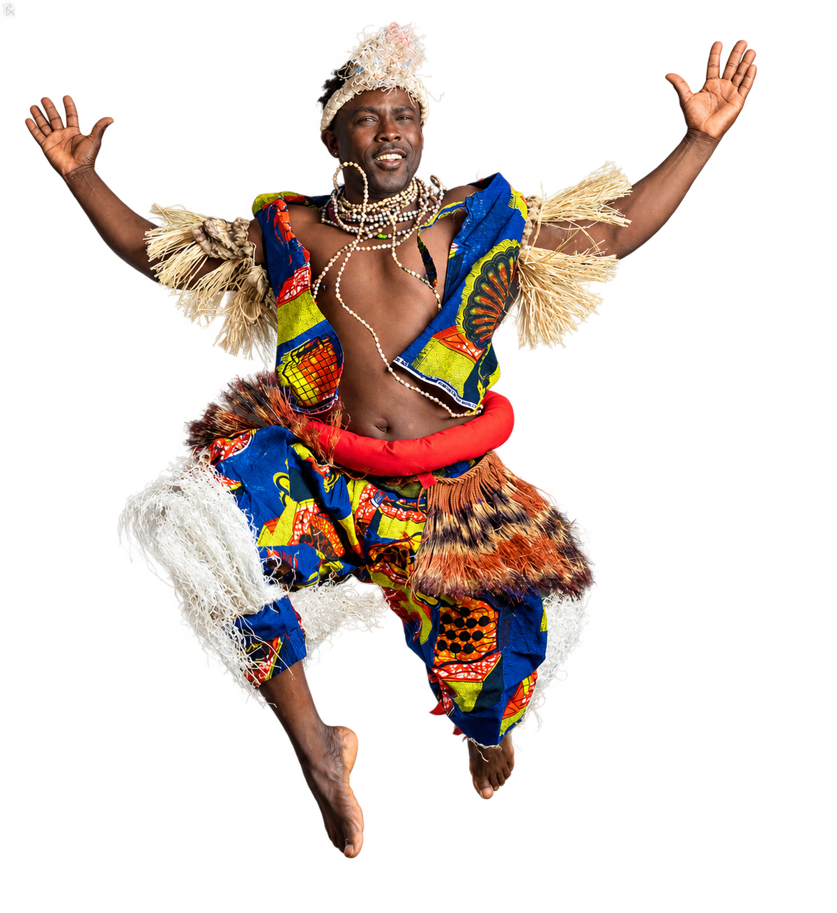 Dancer in colorful traditional attire with arms raised