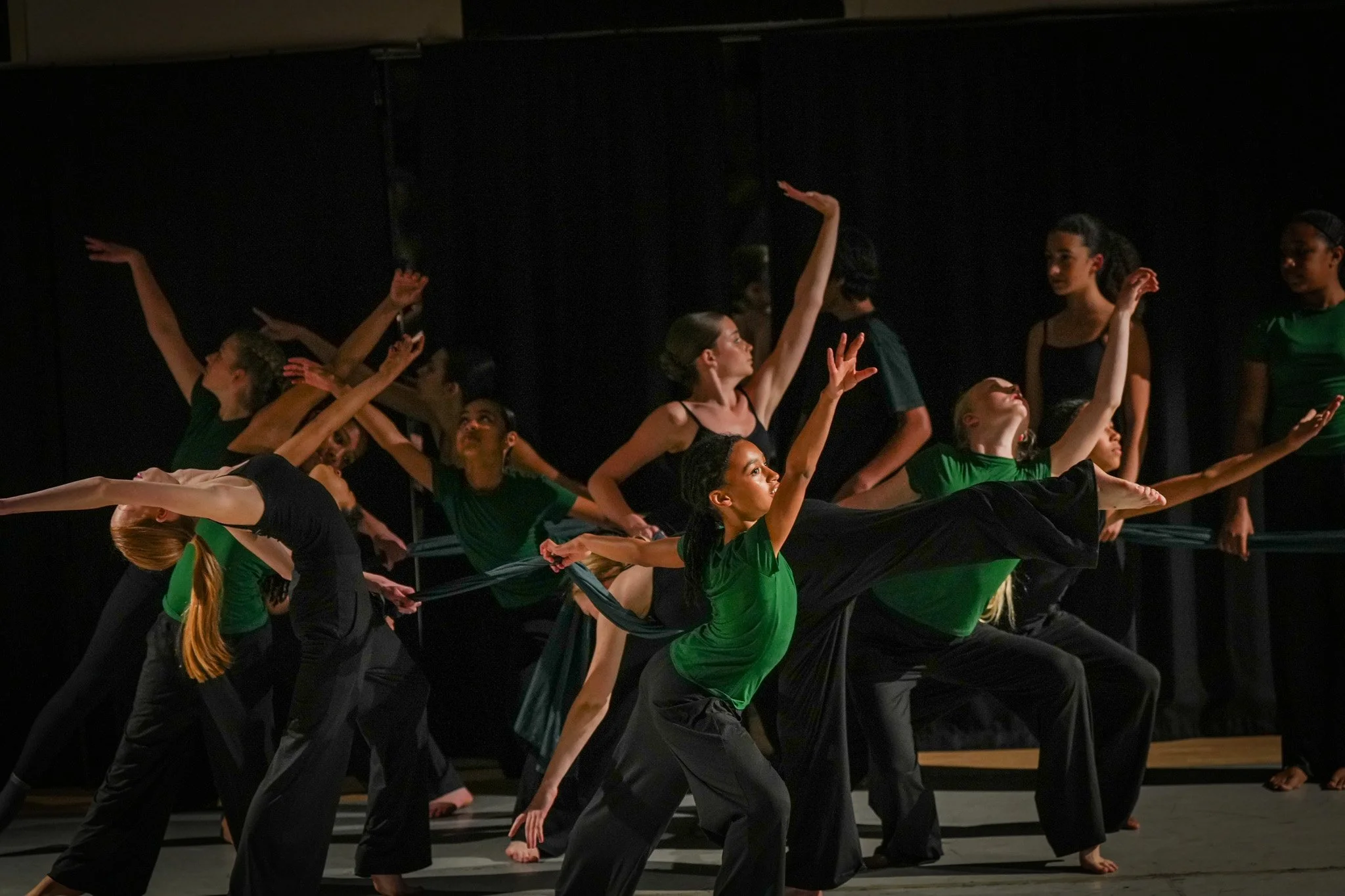 TWDCC company dancers performing on stage in green and black.