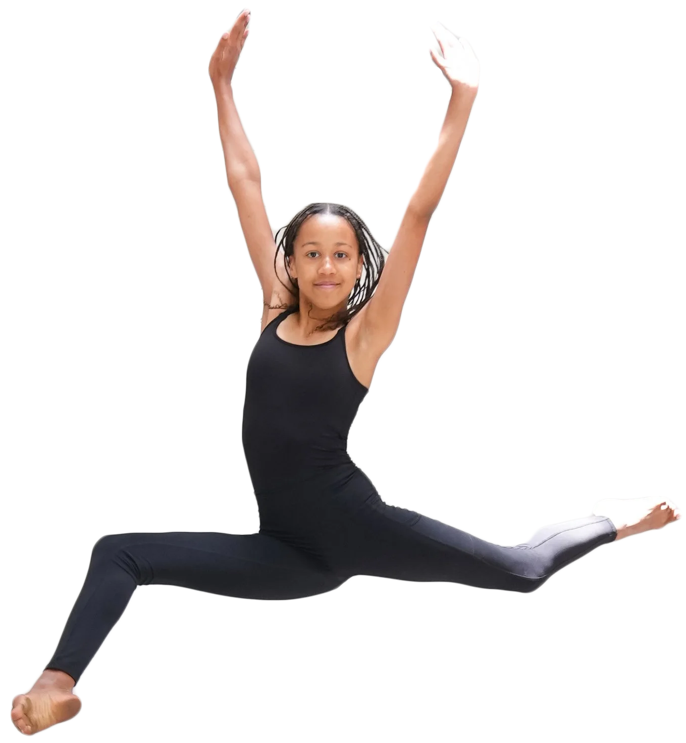 A dancer leaping with arms lifted.